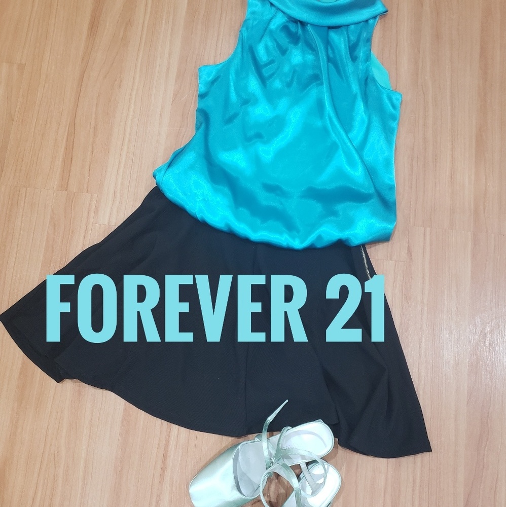 FOREVER 21 teal silky mock neck blouse top S